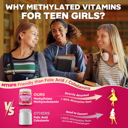 Methylated Multivitamin Gummies for Teen Girls 12-17, Methylfolate, Iron, Collagen, D3 K2, Magnesium, Zinc, Daily Vitamins A C E, B Complex for Teenager Growth, Skin, Bone, Energy - Sugar Free, 60 Cts