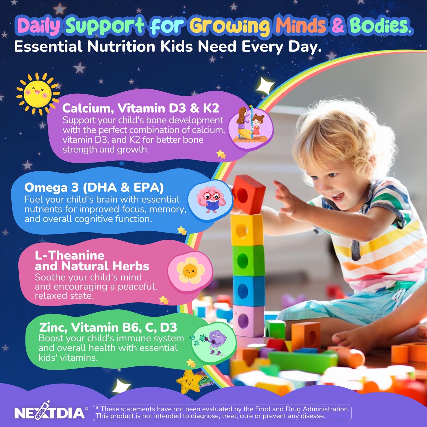 Kids Magnesium Glycinate Gummies + Calcium + Omega 3 - Kids Sleep & Calm Gummies, Melatonin Free Magnesium Gummies + L-theanine, B6, D3 & K2, Zinc, C for Restful Sleep, Bones, Brain & Immunity, 2 Pack