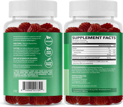 Rhodiola Rosea Gummies, Sugar Free Rhodiola Supplement, 30 Servings | Herbal Adaptogen for Mental Clarity and Performance, 60 Count, Vegan and Gluten-Free, Mixed Berry Flavor, 1-Month Supply