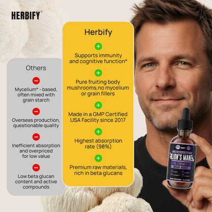 HERBIFY Lions Mane Supplement - Daily Mushroom Supplement for Memory, Focus & Clarity - Brain Booster - Lions Mane Tincture for Immune Support - 4 Fl oz