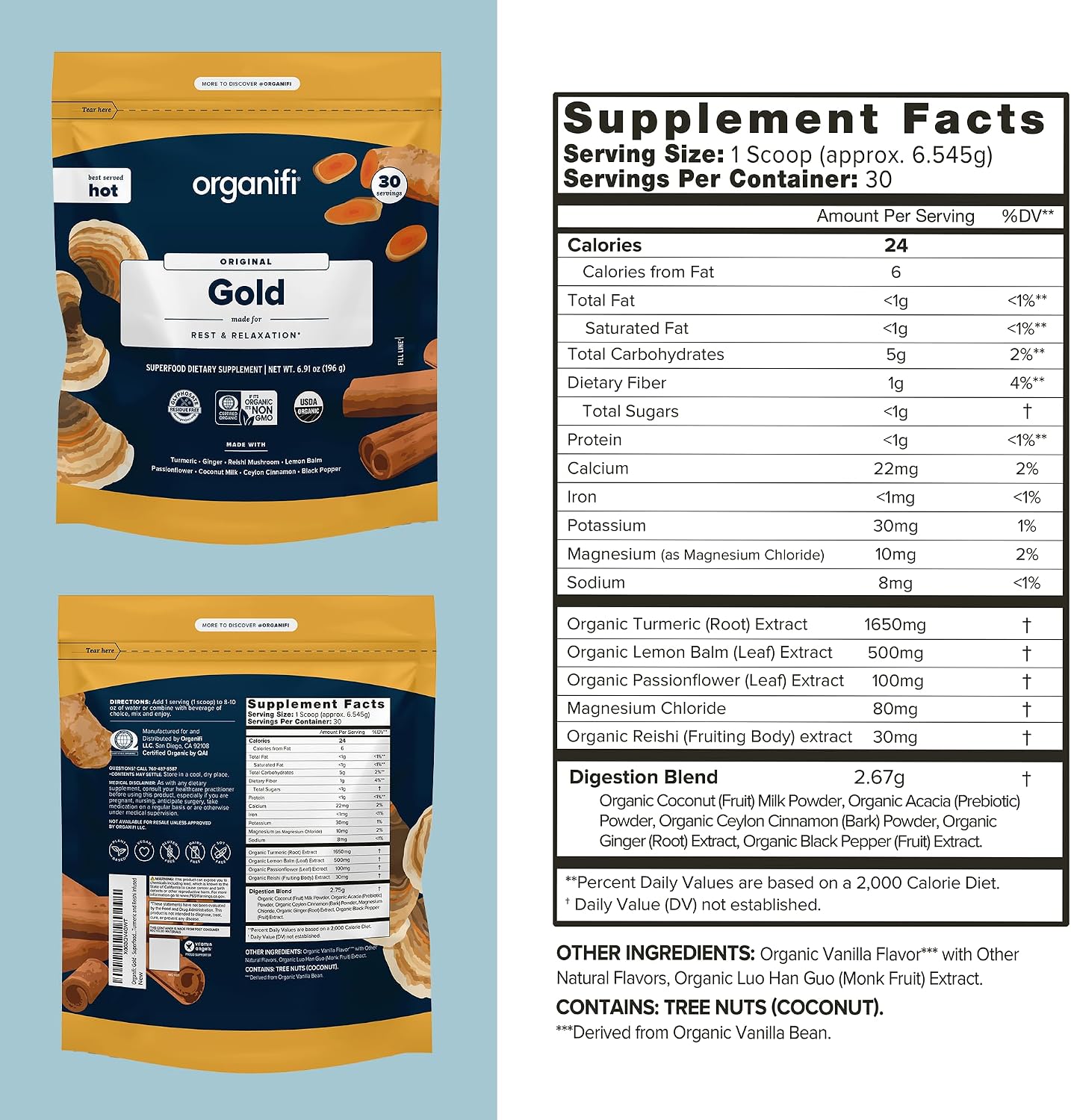 Organifi: Gold - Superfood Supplement Powder- 90 Servings (3 Pack) - Stress Support, Better Rest, Relaxation and Promotes Restful Sleep - Turmeric and Reishi Infused