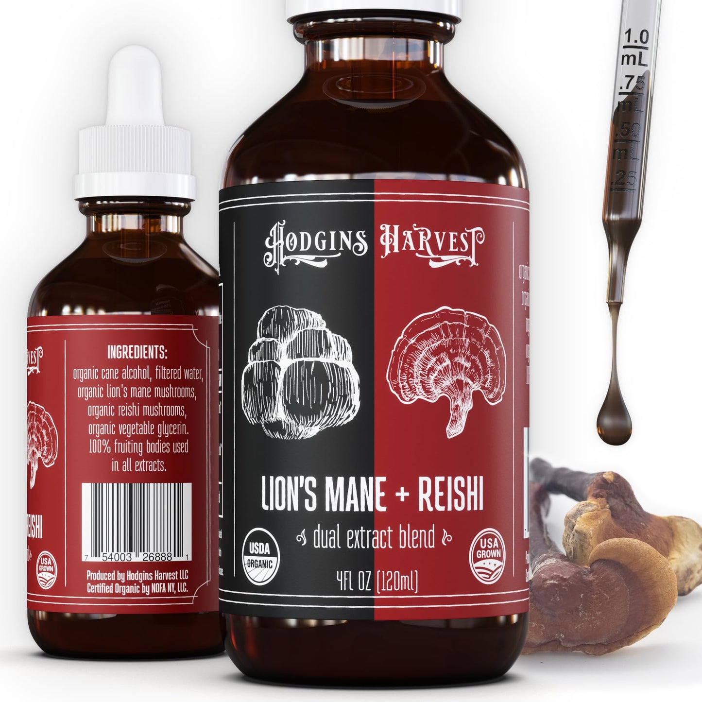 Hodgins Harvest Organic Lion's Mane Fruiting Body Extract Tincture - Mushroom Supplement for Brain Health and Mental Focus - Dual Extract Formula - Extra Concentrated - 4 fl oz Bottle