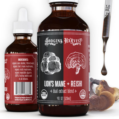 Hodgins Harvest Organic Lion's Mane Fruiting Body Extract Tincture - Mushroom Supplement for Brain Health and Mental Focus - Dual Extract Formula - Extra Concentrated - 4 fl oz Bottle