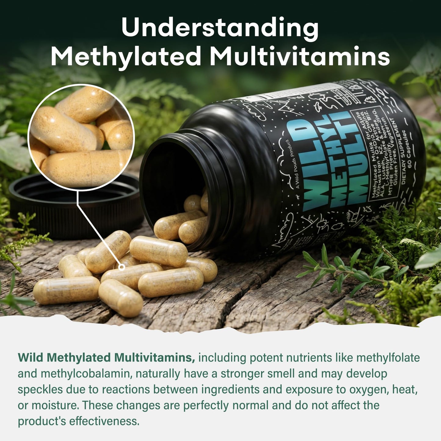 Wild Methylated Multivitamin for Women & Men | Daily Multi Vitamin | MTHFR Supplement Without Iron | Methylated B12, Folate, Vitamin C, A, K2, D, E, Choline, Biotin, ALA, CoQ10 & More (60 Capsules)