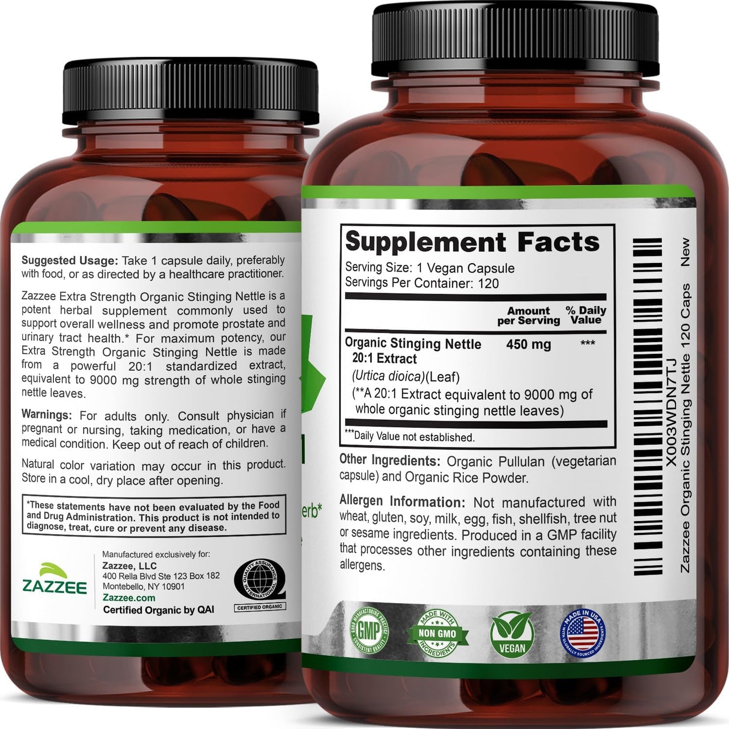 Zazzee USDA Organic Stinging Nettle Leaf 20:1 Extract, 120 Vegan Capsules, 4 Month Supply, Urtica Dioica, Respiratory, Immune & Seasonal Wellness Support, Organic Herbal Supplement, Made in the USA