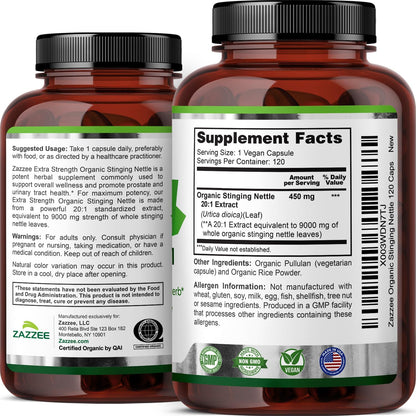 Zazzee USDA Organic Stinging Nettle Leaf 20:1 Extract, 120 Vegan Capsules, 4 Month Supply, Urtica Dioica, Respiratory, Immune & Seasonal Wellness Support, Organic Herbal Supplement, Made in the USA