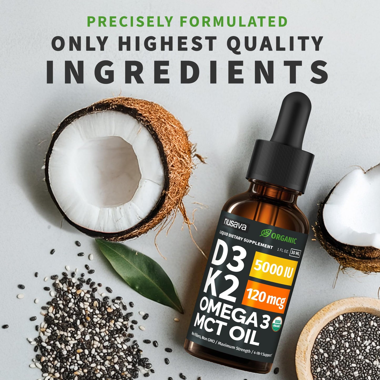 (2 Pack) Organic Vitamin D3 K2 Drops with MCT Oil & Omega 3 - Liquid Vitamin D3 5000 IU - K2 D3 Vitamin Supplement - Vitamin D Drops for Women & Men - No Fillers, Non-GMO, GMP, Unflavored (2 Fl Oz)