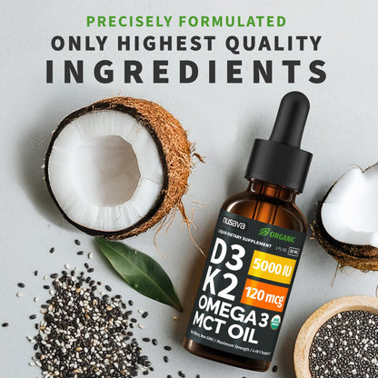 (2 Pack) Organic Vitamin D3 K2 Drops with MCT Oil & Omega 3 - Liquid Vitamin D3 5000 IU - K2 D3 Vitamin Supplement - Vitamin D Drops for Women & Men - No Fillers, Non-GMO, GMP, Unflavored (2 Fl Oz)