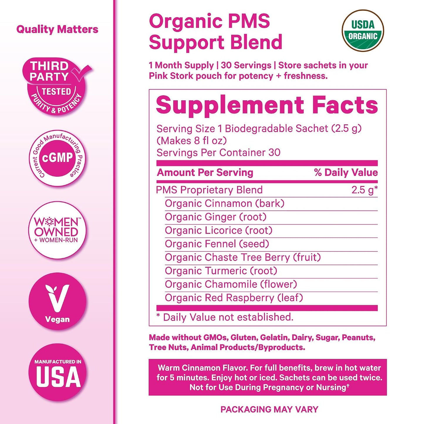 Pink Stork Organic PMS Tea for Hormone Balance, Mood Swings, Bloating, and Period Regularity - 8 Herbs - Vitex, Red Raspberry Leaf, Chamomile - Caffeine-Free - 15 Sachets, Hot or Iced