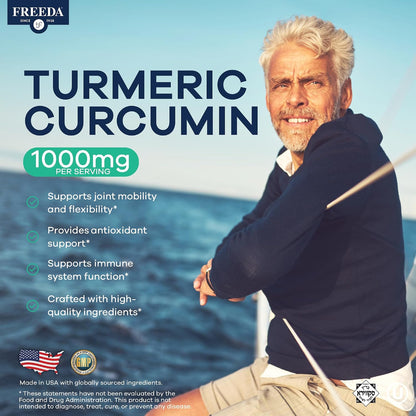 FREEDA Turmeric Curcumin Supplement 1000mg with Black Pepper - 90 Caps | Vegan Turmeric Curcumin Supplement with Organic Turmeric Root, Curcumin Extract & Black Pepper for Daily Mobility