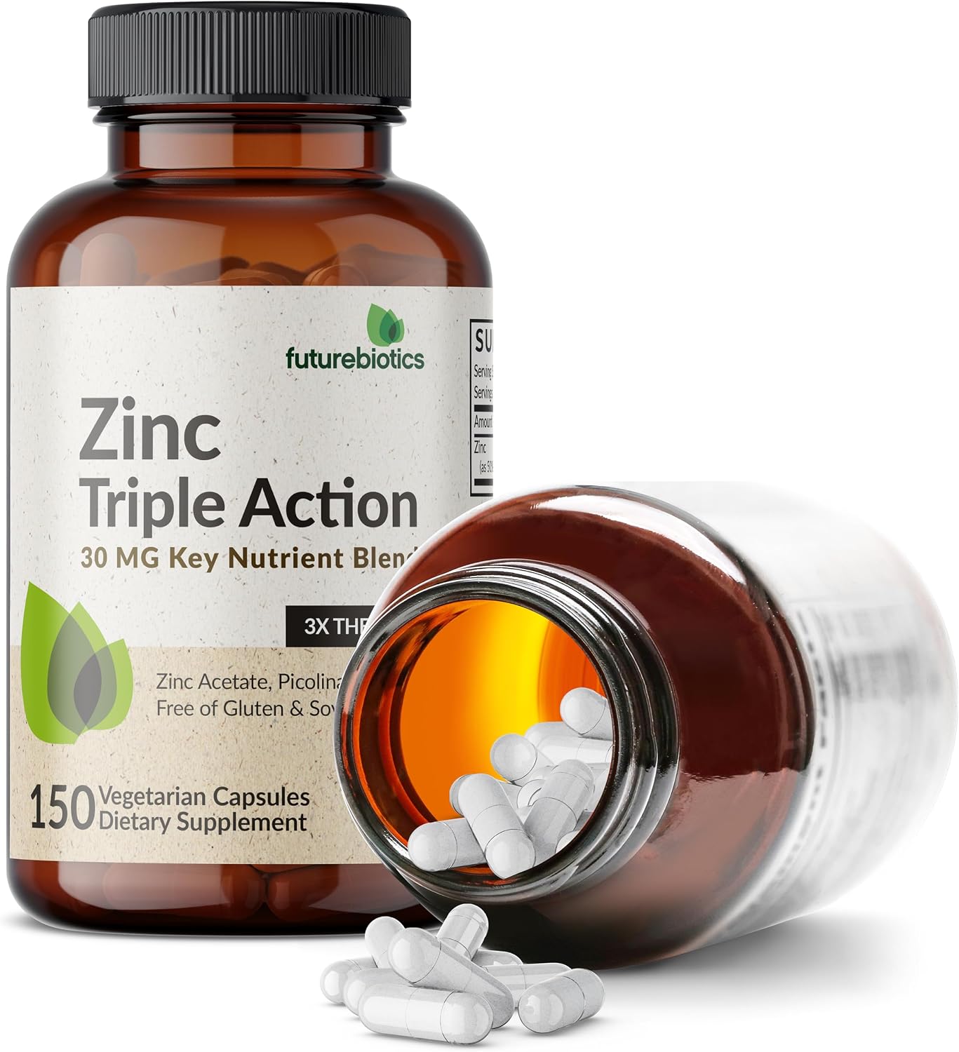 Futurebiotics Zinc Triple Action 30mg Key Nutrient Blend Immune Support Supplement with Zinc Acetate, Picolinate & Orotate - Immune, Antioxidant & Skin Health Support - 150 Vegetarian Capsules