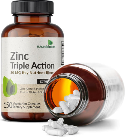 Futurebiotics Zinc Triple Action 30mg Key Nutrient Blend Immune Support Supplement with Zinc Acetate, Picolinate & Orotate - Immune, Antioxidant & Skin Health Support - 150 Vegetarian Capsules