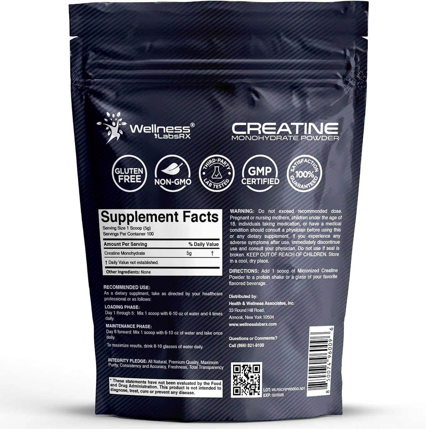 WELLNESS LABSRX Creatine Monohydrate Powder 500g – 100 Servings Micronized Creatine Powder Supplement, Unflavored Creatine for Women and Men, Supports Muscle Strength, Energy, Endurance and Workout