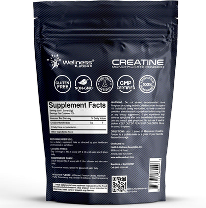 WELLNESS LABSRX Creatine Monohydrate Powder 500g – 100 Servings Micronized Creatine Powder Supplement, Unflavored Creatine for Women and Men, Supports Muscle Strength, Energy, Endurance and Workout