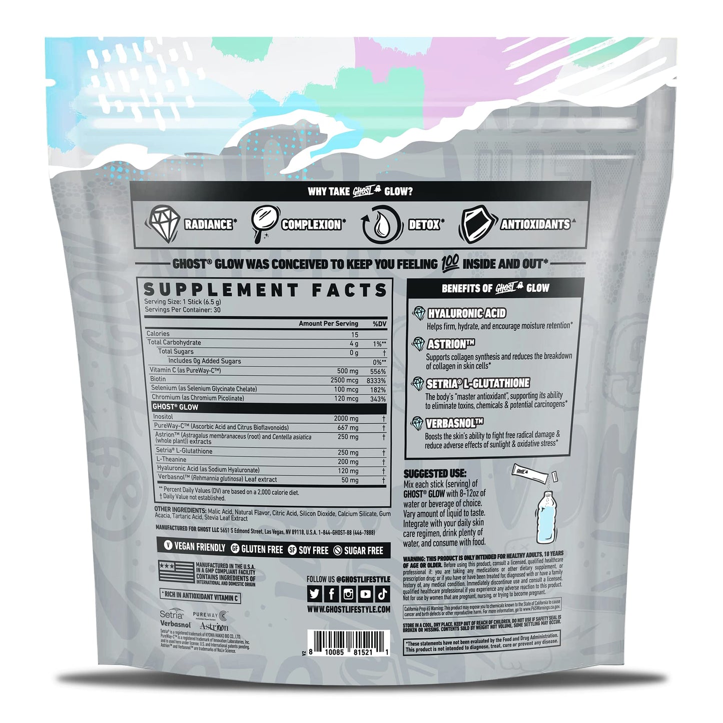GHOST Glow Sticks: Beauty and Detox Supplement - 30 On-The-Go Stick Packs, Mango Margarita - Hyaluronic Acid, Biotin & L-Theanine for Skin-Boosting Support - Sugar Free, Gluten Free