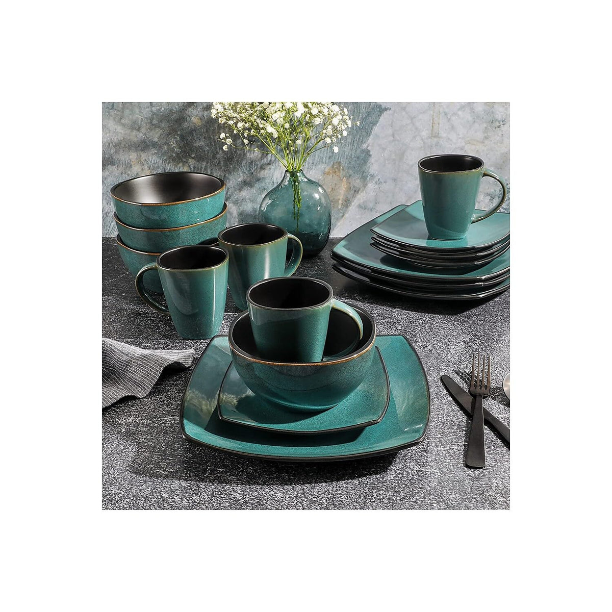 Gibson Elite Soho Lounge 16 Piece Reactive Glaze Dinnerware Set, Soft Square, Teal Green