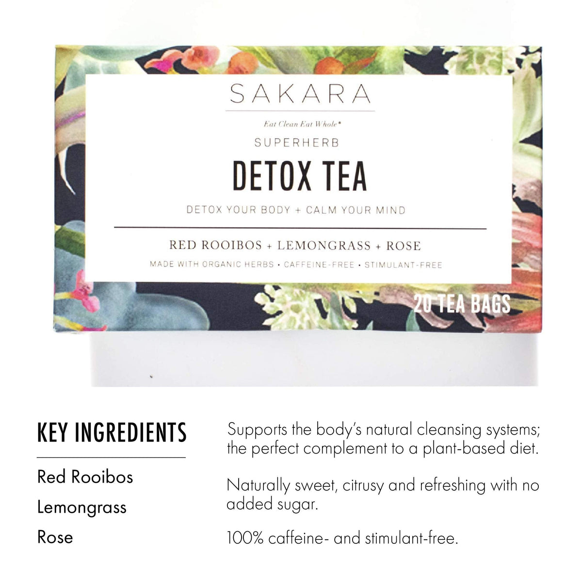 Sakara Detox Tea - Herbal Tea with Rose Petals, Lemon Peel, Lemongrass, & Rooibos