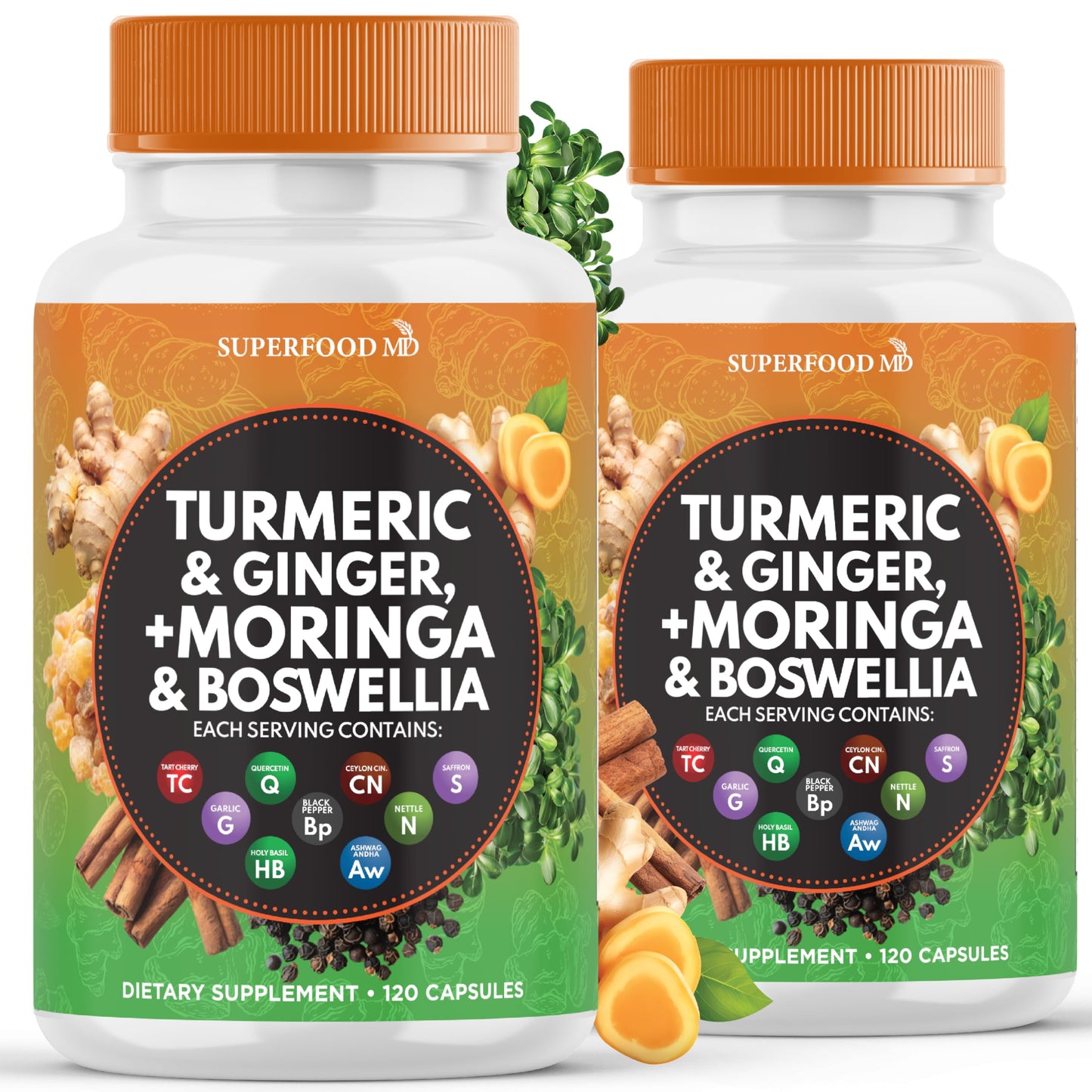 Turmeric Moringa Supplement | Ginger, Boswellia, Saffron, Holy Basil- Joint Support Supplement for Women and Men with Ceylon Cinnamon, Quercetin, Tart Cherry- 240 Count