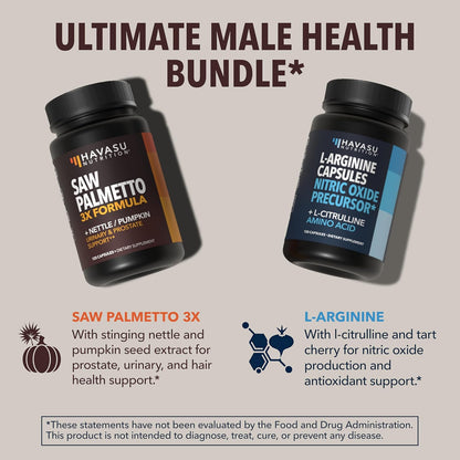 Prostate Health and Nitric Oxide Support Bundle for Active Male Health | Saw Palmetto with Nettle and Pumpkin Capsules & L-Arginine with L-Citrulline Capsules, Bundle for Men, 60 Servings of Each