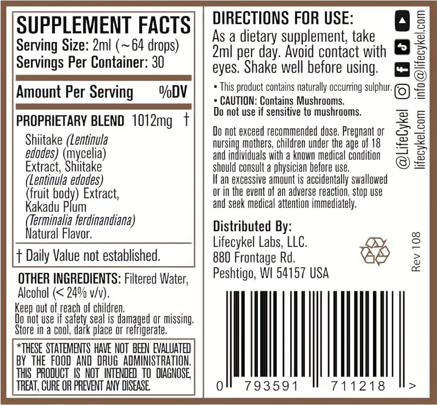 Lifecykel - Shiitake Mushroom Extract with Kakadu Plum- Hair, Skin & Nail Support, Anti Aging Supplement- 100% Organic Mushrooms, Immune Boosting, Vitamin C Made in The US- 2 Fl oz(Packaging May Vary)