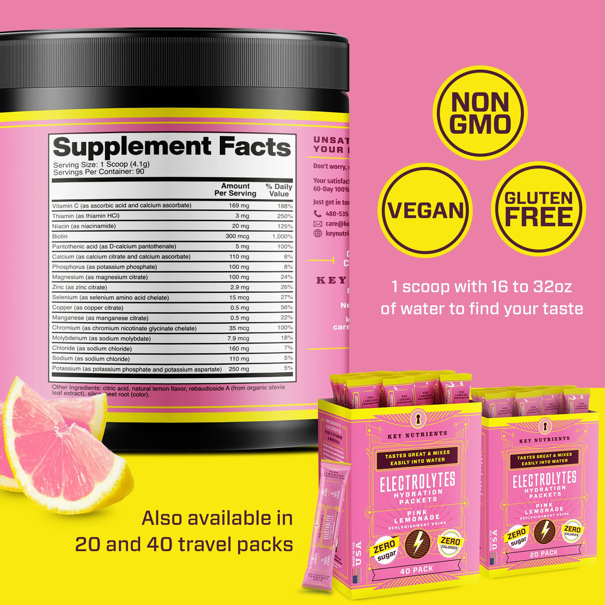 KEY NUTRIENTS Multivitamin Electrolytes Powder No Sugar - Fresh Pink Lemonade