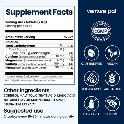 Venture Pal Chewable Electrolyte Tablets, 80 Count, Fast-Dissolve, Variety | Sugar Free Stick Salt Tablets, Gluten Free, Variety Pack for Rapid Hydration, Hiking, Outdoor Running, Keto & Vegan Friendly