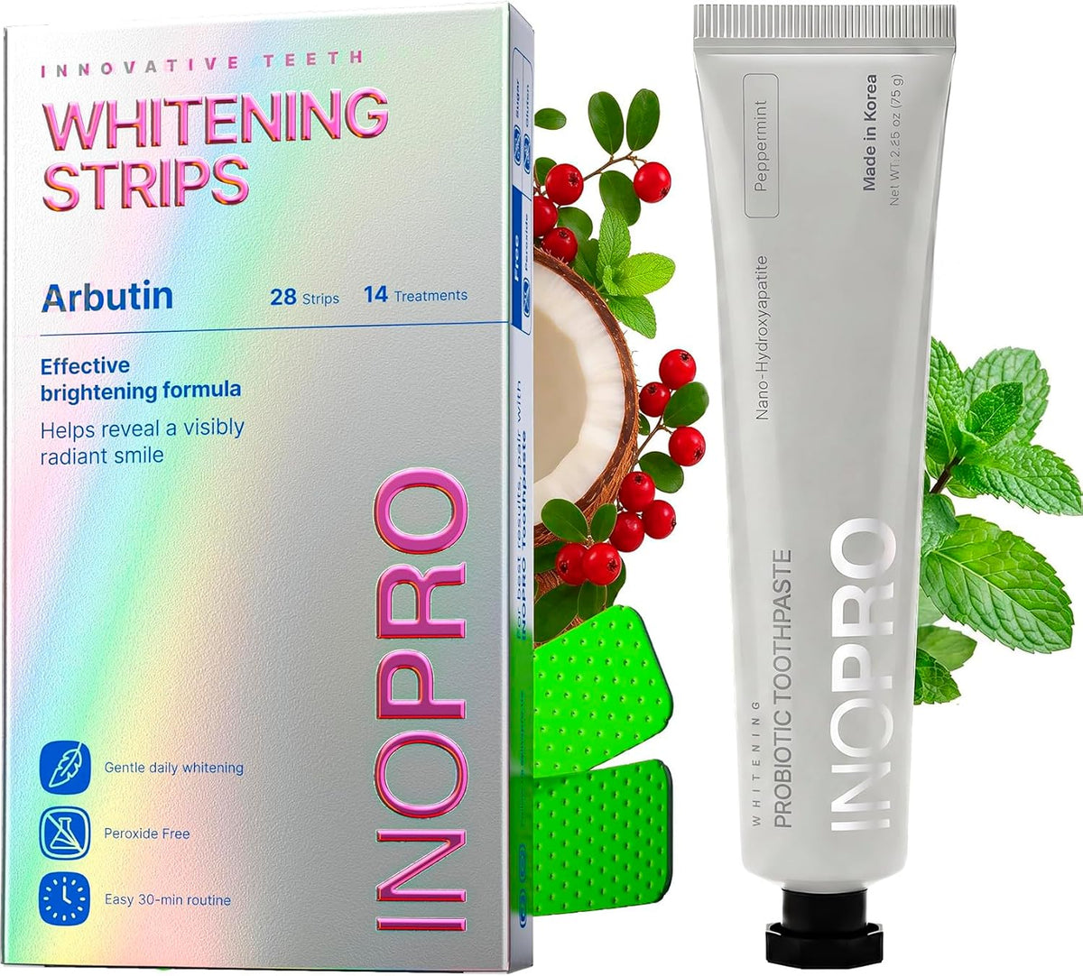 InoPro Teeth Whitening Strips 14 Treatments Kit + Nano-Hydroxyapatite Whitening Toothpaste with Probiotic for Sensitive Teeth - Peppermint