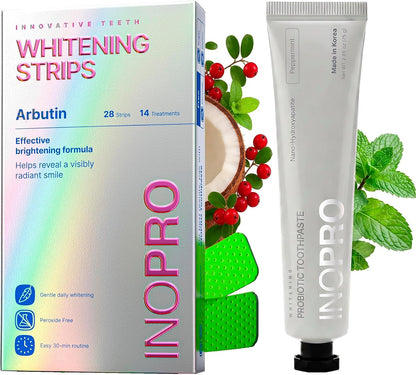 InoPro Teeth Whitening Strips 14 Treatments Kit + Nano-Hydroxyapatite Whitening Toothpaste with Probiotic for Sensitive Teeth - Peppermint