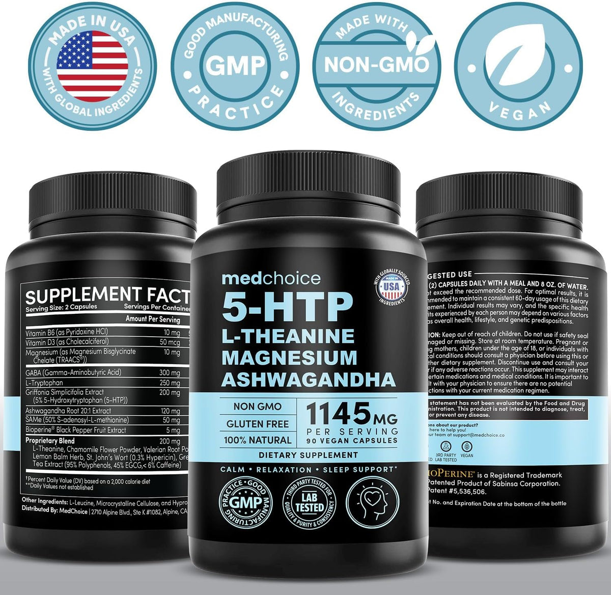 MEDCHOICE 15-in-1 Caffeine-Free Mood Support Supplement - 5HTP 200mg Capsules with L-Theanine, Magnesium, Ashwagandha, GABA, St. John's Wort and L-Tryptophan - 1145mg (90ct, Pack of 3)