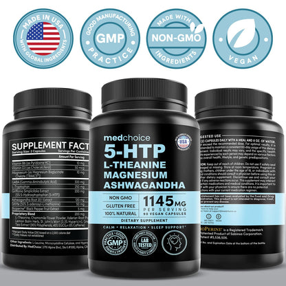 MEDCHOICE 15-in-1 Caffeine-Free Mood Support Supplement - 5HTP 200mg Capsules with L-Theanine, Magnesium, Ashwagandha, GABA, St. John's Wort and L-Tryptophan - 1145mg (90ct, Pack of 3)