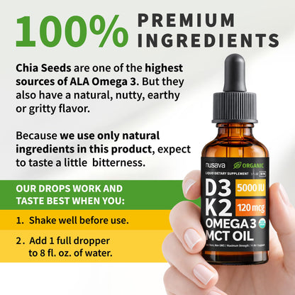 (2 Pack) Organic Vitamin D3 K2 Drops with MCT Oil & Omega 3 - Liquid Vitamin D3 5000 IU - K2 D3 Vitamin Supplement - Vitamin D Drops for Women & Men - No Fillers, Non-GMO, GMP, Unflavored (2 Fl Oz)