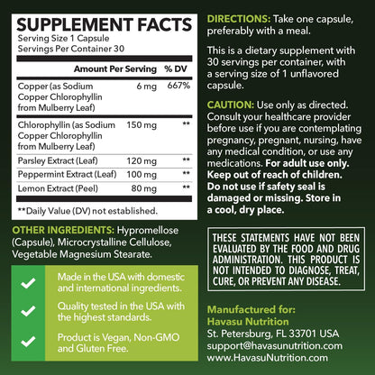 Chlorophyll Pills for Internal Cleanse & Balance, 30 Count, Internal Detox | Skin Health and Body Deodorizing Supplement with Parsley Peppermint & Lemon Extract, Vegan Non-GMO Chlorophyll Capsules