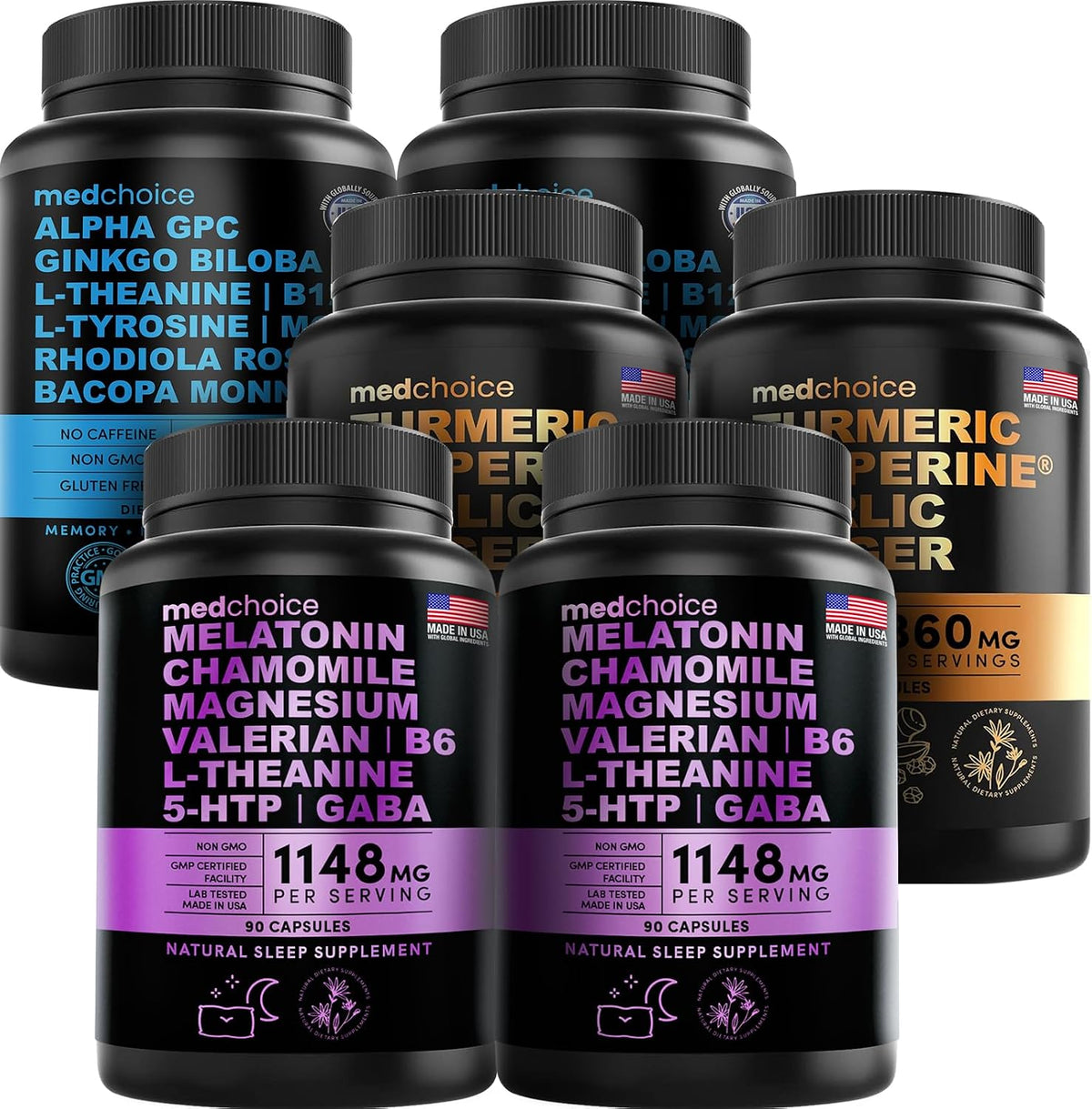 MEDCHOICE Sleep Melatonin (180ct), Turmeric & Ginger (240ct), and Nootropic Brain (120ct) Supplement Bundle - Wellness Trio for Brain, Sleep, & Immune Support - Vegan, Non-GMO, Gluten-Free