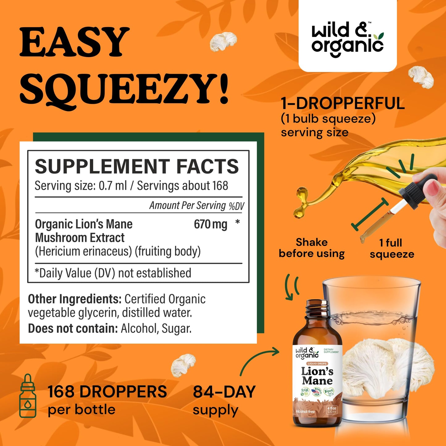 Wild & Organic Lions Mane Liquid Drops - Brain & Focus Support - Lion's Mane Mushroom Supplement - Hericium Erinaceus Mushroom Drops - Mix with Powder - Sugar & Alcohol-Free Extract Tincture - 4 oz
