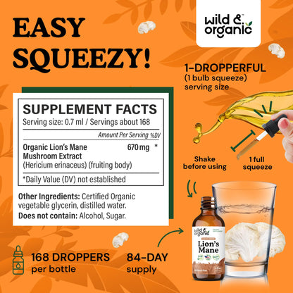 Wild & Organic Lions Mane Liquid Drops - Brain & Focus Support - Lion's Mane Mushroom Supplement - Hericium Erinaceus Mushroom Drops - Mix with Powder - Sugar & Alcohol-Free Extract Tincture - 4 oz