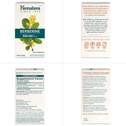 Himalaya Berberine Supplement, Berberine HCL 1000 mg per Serving, Herbal Supplement for Supporting Normal Metabolism, Immune, and Digestive Health - Vegan, Gluten Free, 60 Vegetarian Capsules