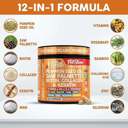Clean Nutra Pumpkin Seed Oil Capsules + Saw Palmetto Biotin Collagen Keratin MSM Folate Hyaluronic Acid Supplements B12 Zinc Hair Supplement for Women Men Iodine 5-MTHF B-12 Vitamin B9-60 Pills