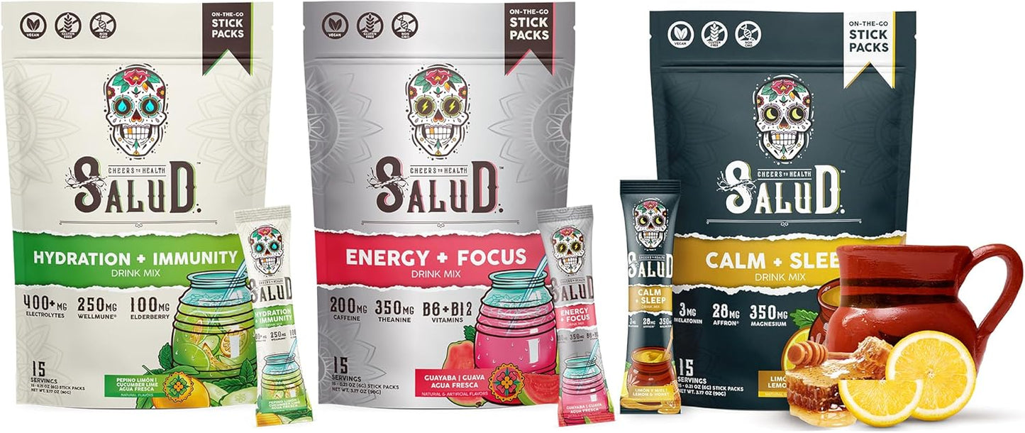Salud Variety 3-Pack | 2-in-1 Hydration + Immunity (Cucumber Lime), Energy + Focus (Guava) & Calm + Sleep (Lemon Honey) – 15 Servings Each, Non-GMO, Gluten Free, Low Calorie, 1g of Sugar