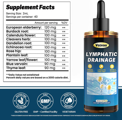 Lymphatic Drainage Drops - Organic Lymphatic Drops, Herbal Liquid Support for Natural Fluid Balance & Immunity - Burdock Root, Elderberry & Calendula -Lemon Flavor, 2.7 Fl Oz
