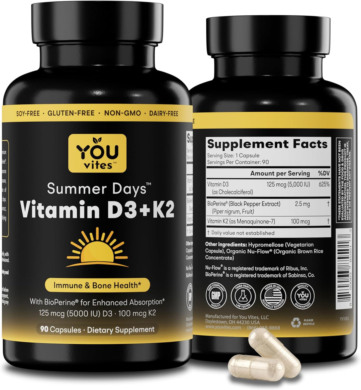 Vitamin D3 + K2 - Max Absorption, 5000 IU D3 & 100 mcg K2 MK-7 (Menaquinone-7) with BioPerine - Bone, Heart & Immune Support - Non-GMO, Gluten Free, Soy Free - 90 Capsules - Daily Supplement