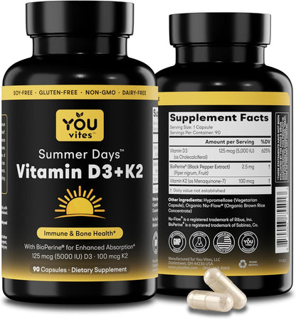 Vitamin D3 + K2 - Max Absorption, 5000 IU D3 & 100 mcg K2 MK-7 (Menaquinone-7) with BioPerine - Bone, Heart & Immune Support - Non-GMO, Gluten Free, Soy Free - 90 Capsules - Daily Supplement