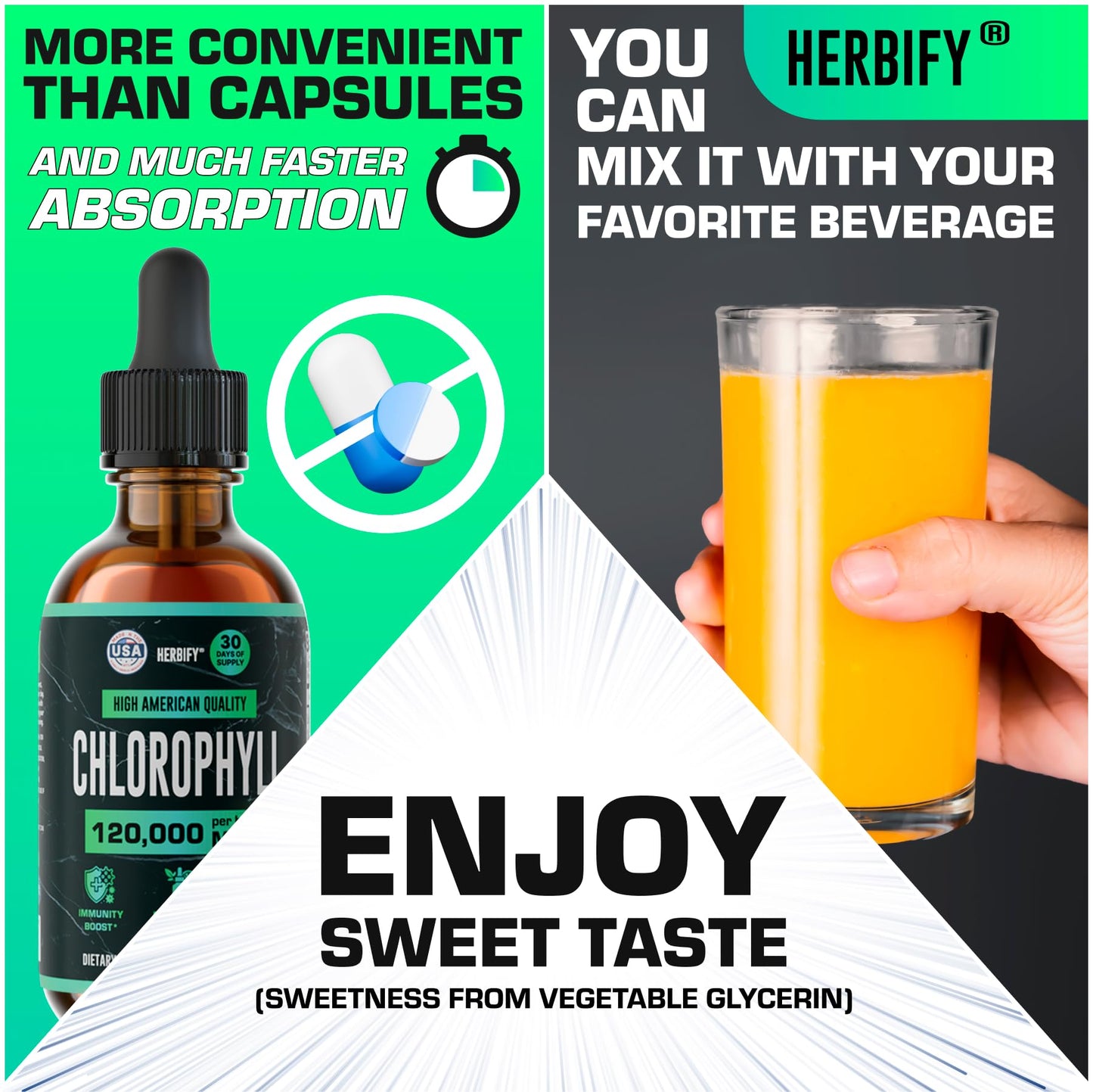 HERBIFY Chlorophyll Drops - Liquid Chlorophyll for Energy Boost & Immune System Support - Made in USA - Chlorophyll Liquid Drops for Body Detox, Internal Deodorant & Enhance Skin - 2 Oz
