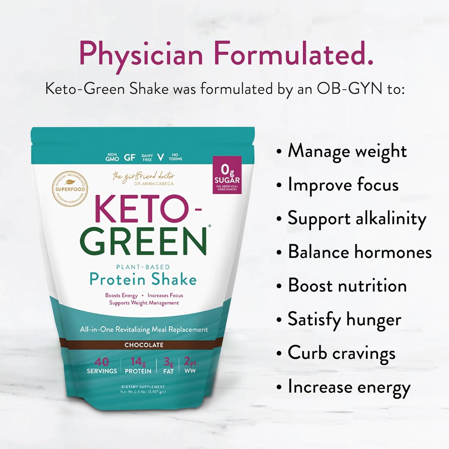 Keto-Green Chocolate Vegan Protein Powder for Women by Dr. Anna Cabeca | Plant Based Protein Powder with Greens | Dairy Free, Sugar Free | Protein Shake 40 Servings