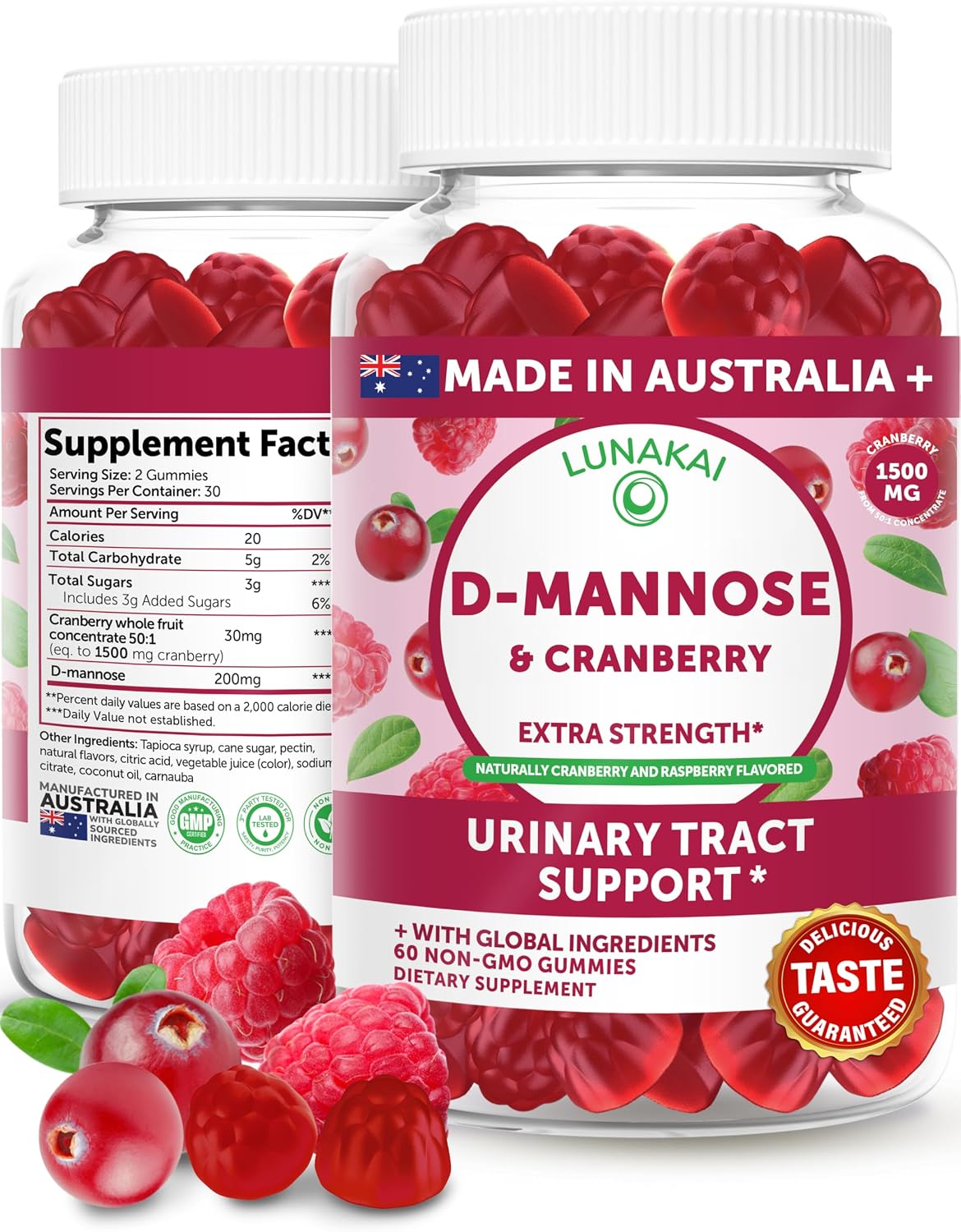 Lunakai Cranberry Gummies for Women 1500mg (50:1 Extract) with D-Mannose 200mg - Daily Cranberry Supplement for Urinary Tract Health & Bladder Support, Non-GMO – Made in Australia – 60ct