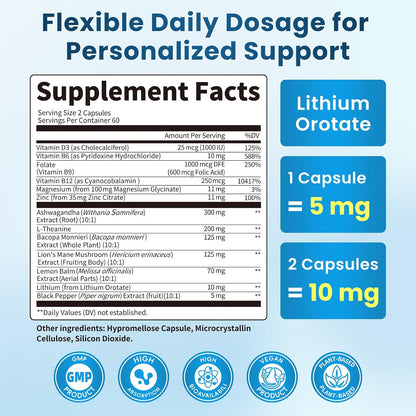 Lithium Orotate 5/10mg, Mood & Brain Supplement, 120 Capsules, 2 Months | 13 in 1 with Ashwagandha, L-Theanine, Bacopa, Lions Mane, Magnesium, Zinc D3 B6 Folate B12 for Calm Focus, Cognitive & Energy