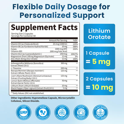Lithium Orotate 5/10mg, Mood & Brain Supplement, 120 Capsules, 2 Months | 13 in 1 with Ashwagandha, L-Theanine, Bacopa, Lions Mane, Magnesium, Zinc D3 B6 Folate B12 for Calm Focus, Cognitive & Energy