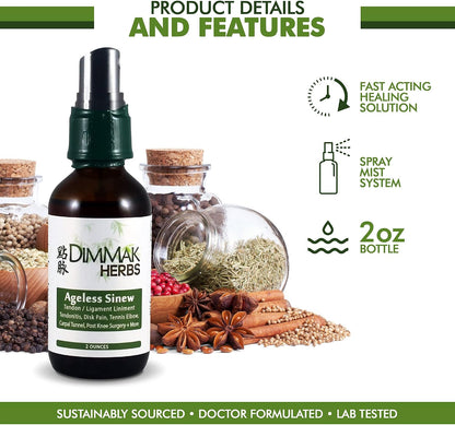 Dimmak Herbs Ageless Sinew Liniment- Deep-Penetrating Herbal Spray for Tendons, Tennis Elbow & Ligament Recovery- Authentic TCM Formula for Chronic & Stubborn Injuries- Non-Greasy, Fast-Drying (2oz)