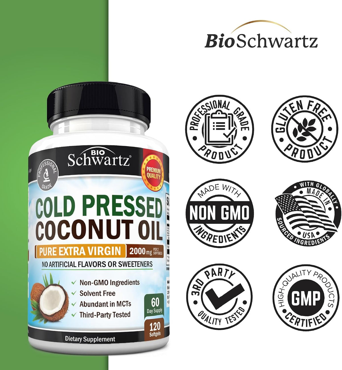 Coconut Oil Capsules 2000mg, 120ct, 2 Month Supply