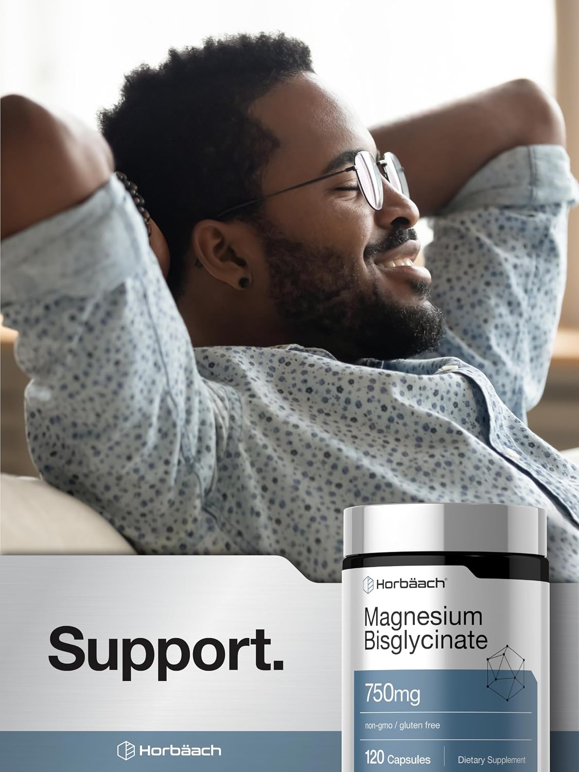 Horbäach Magnesium Bisglycinate | 120 Capsules | 750mg | Non-GMO and Gluten Free Supplement
