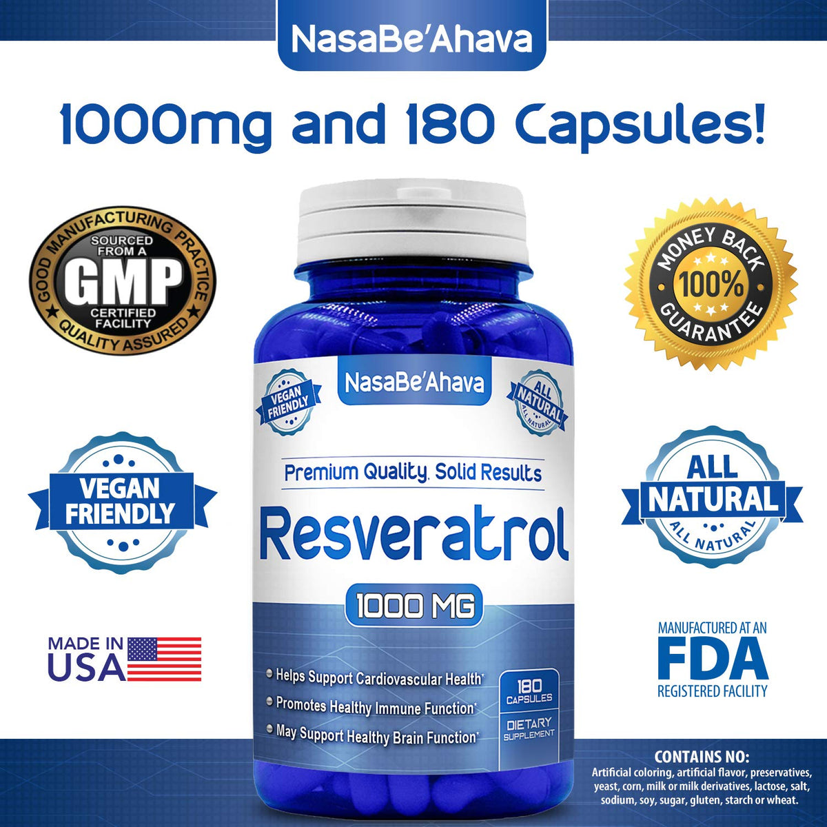 NASA Beahava 100% Pure Resveratrol - 1000mg Per Serving Max Strength (180 Capsules)